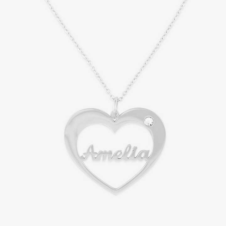 Personalized Heart Name Necklace with Birthstone in Sterling Silver featuring "Amelia"