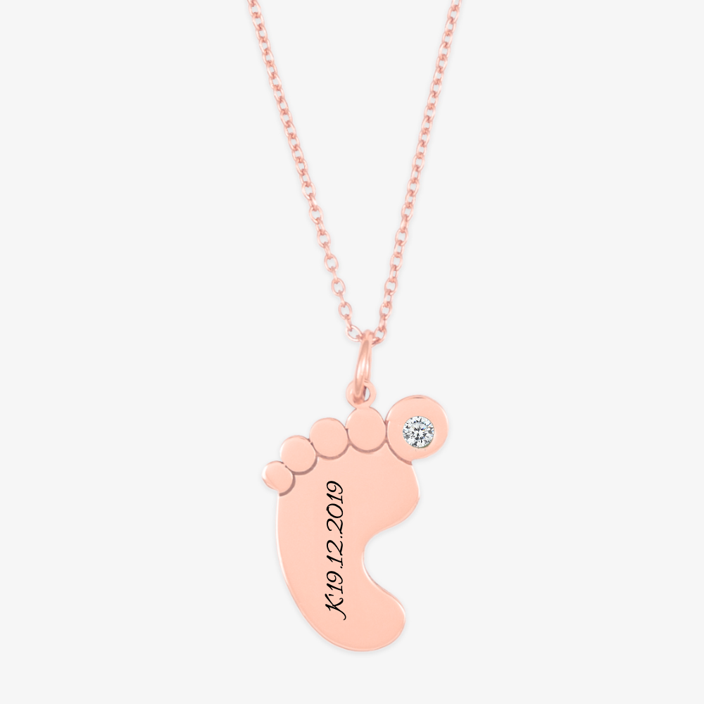 Personalized Baby Footprint Necklace with Birthstone in Rose Gold Finish and Custom Engraving