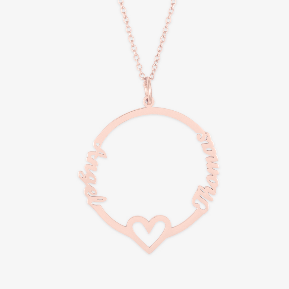 Circular dual-name necklace with central heart symbol on rose gold chain