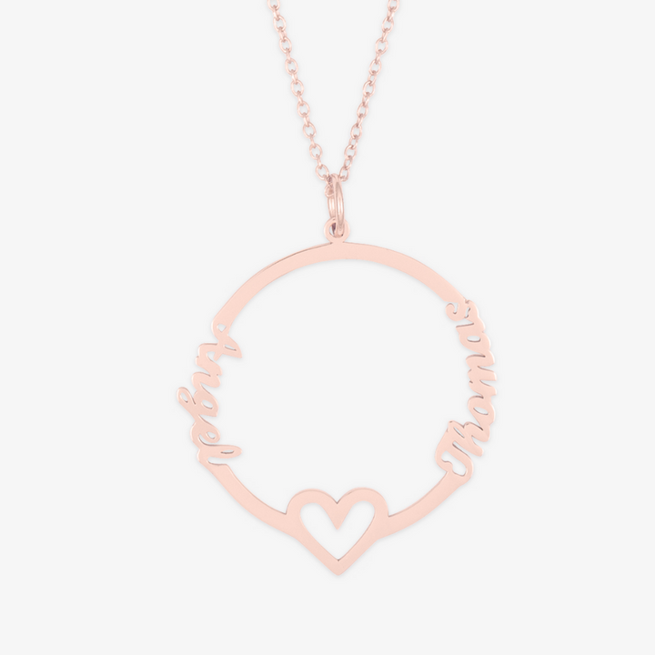 Circular dual-name necklace with central heart symbol on rose gold chain