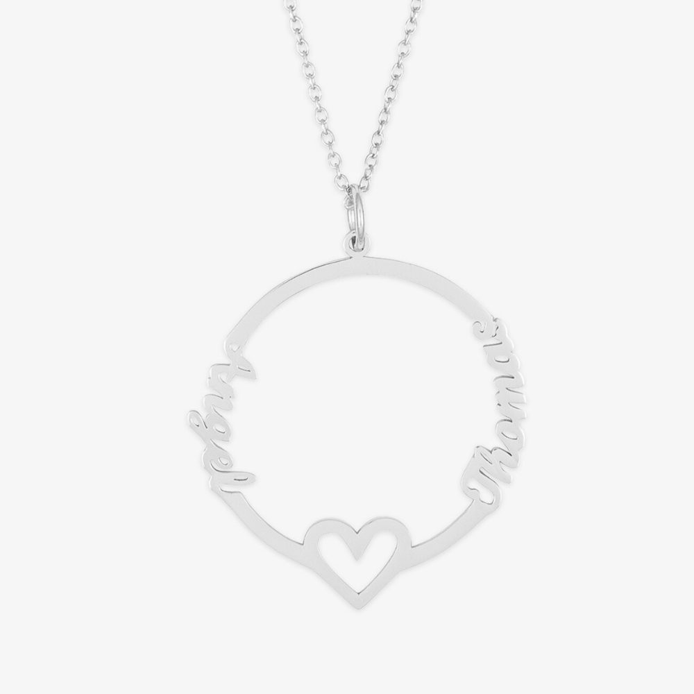 Circular dual-name necklace with central heart symbol, personalized jewelry with two names on round open pendant, symbolizing love and unity.