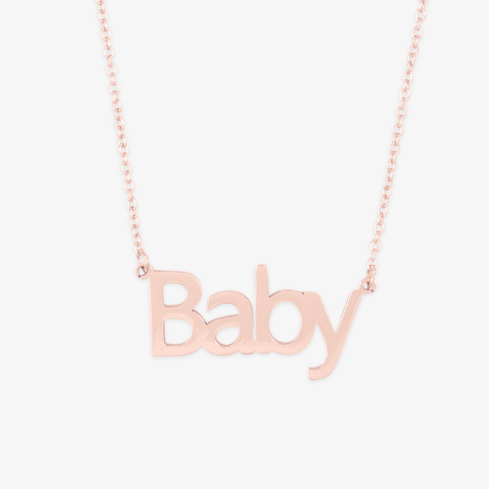 Rose gold customizable block script name necklace spelling "Baby" on a delicate chain, highlighting individuality and elegance.