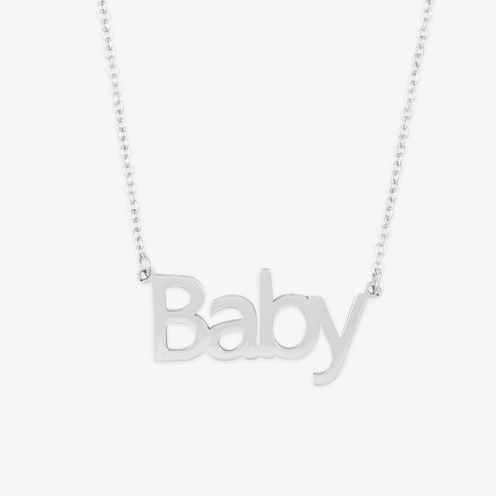 Capital Block Name Necklace in Sterling Silver spelling "Baby" on a delicate chain