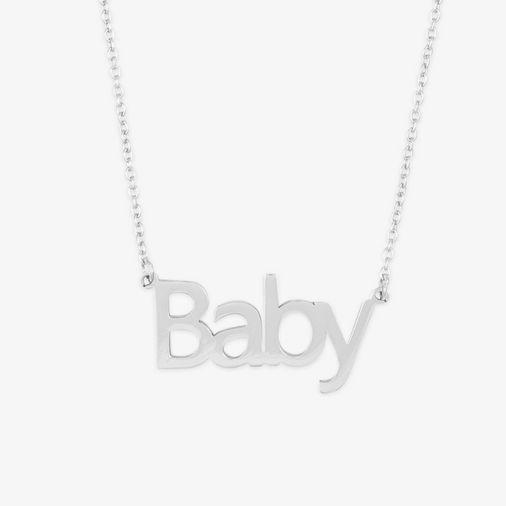 Capital Block Name Necklace in Sterling Silver spelling "Baby" on a delicate chain