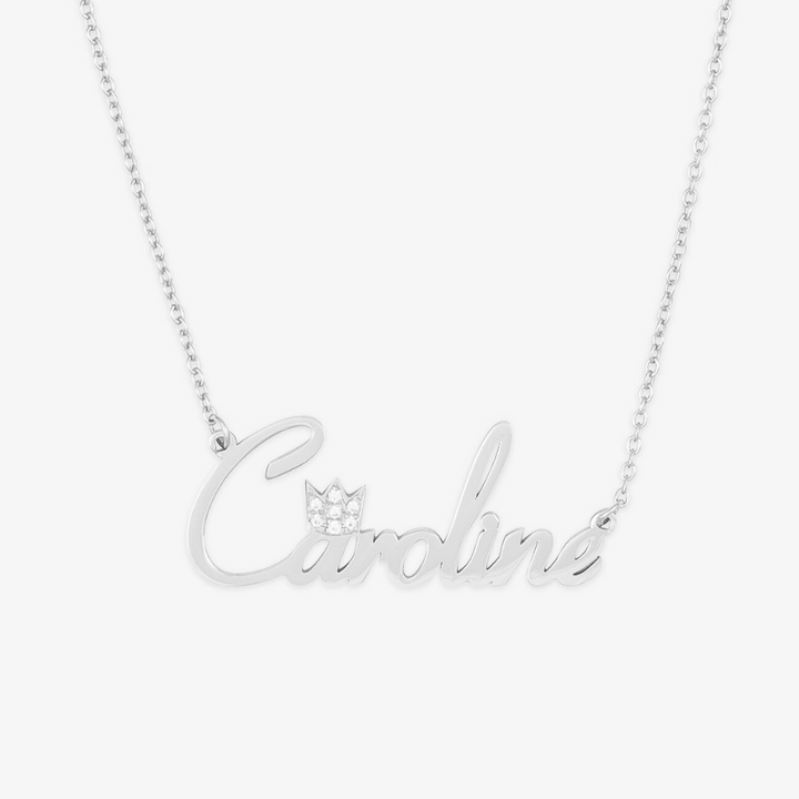 Sterling silver name necklace with crown accent and cubic zirconia stones.