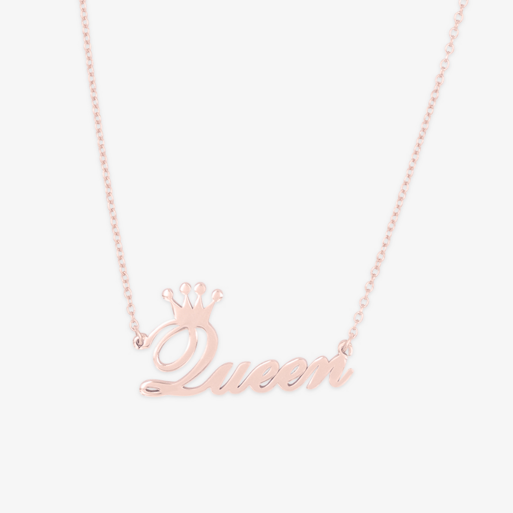 Rose Gold Crowned Initial Name Necklace with "Queen" in Cursive Font