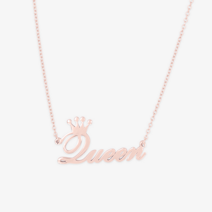 Rose Gold Crowned Initial Name Necklace with "Queen" in Cursive Font