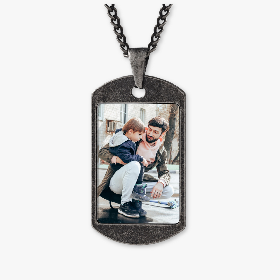 Custom Photo Engraved Dark Grey Stainless Steel Men's Necklace with Acrylic Color Pendant of Father and Child