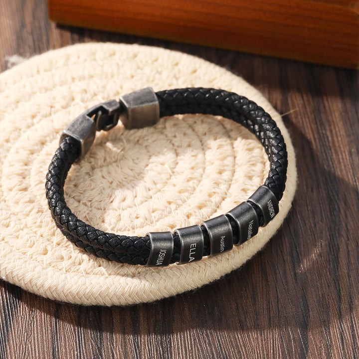 Unique Black Double-Braided Leather Bracelet with 4 Engravings - Herzschmuck