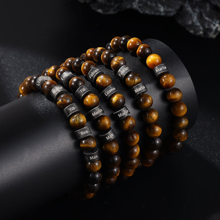 Beautiful light and dark brown beaded bracelet with personalized engraving on black display, 16cm length elegant keepsake jewelry.