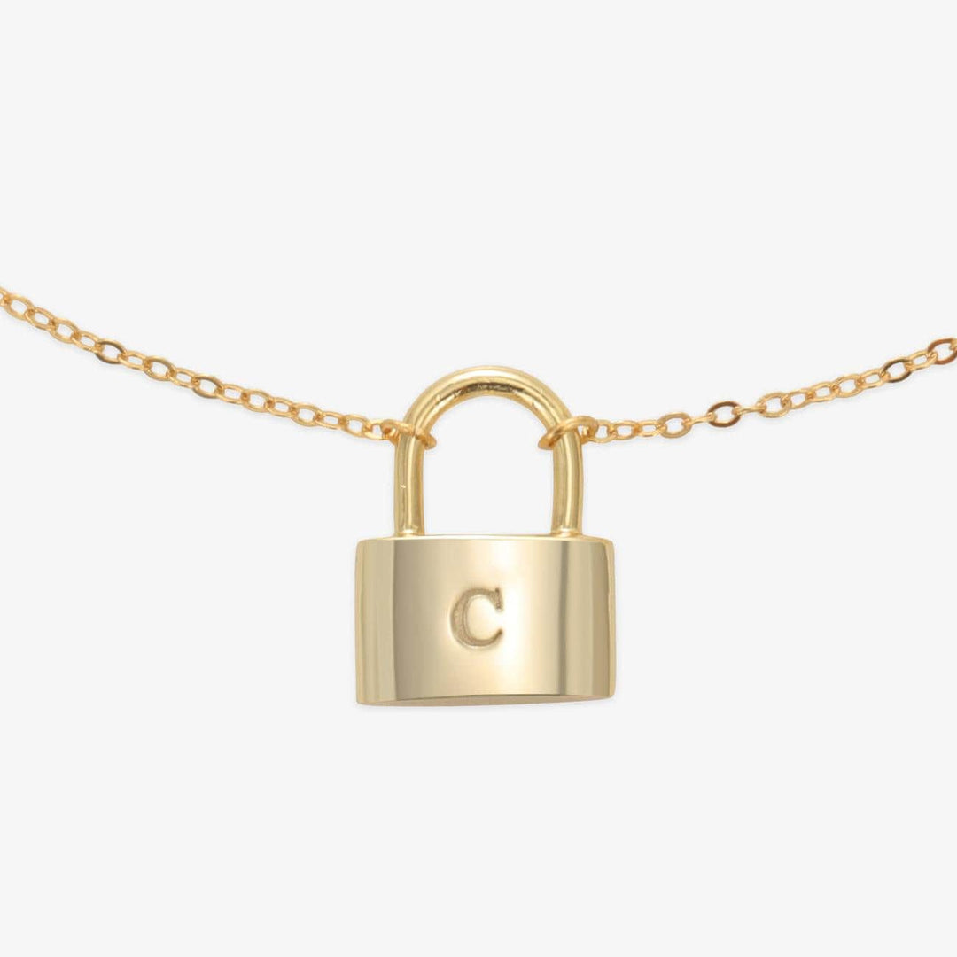 Elegant lock initial necklace with gold padlock engraved with letter C on delicate gold chain