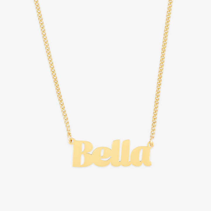 Gold custom block font name necklace with "Bella" text, made from 925 sterling silver with 18K double gold plating.