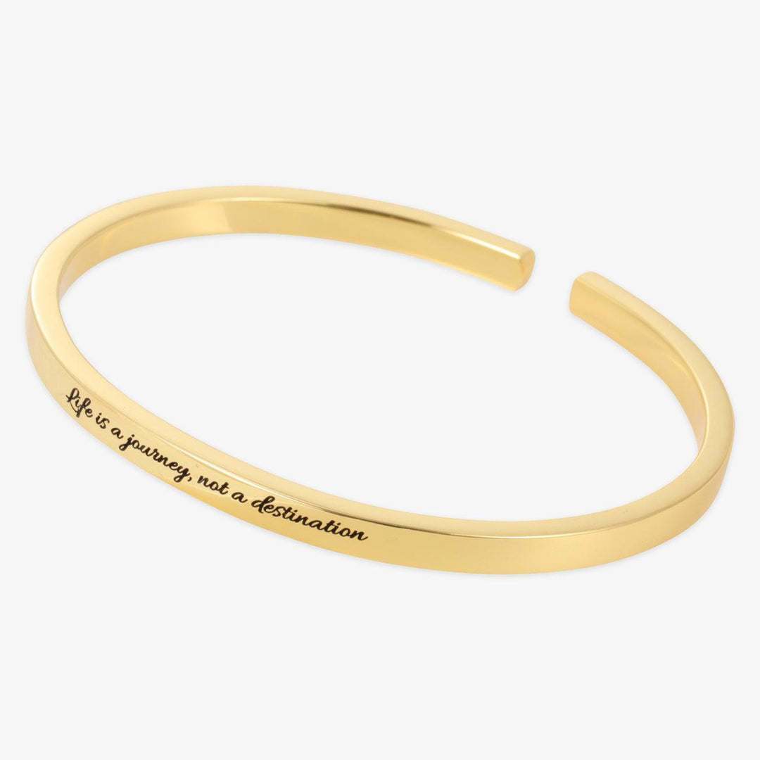 Thin gold engraved bracelet with the quote "Life is a journey, not a destination" on the front, 925 sterling silver, personalized jewelry