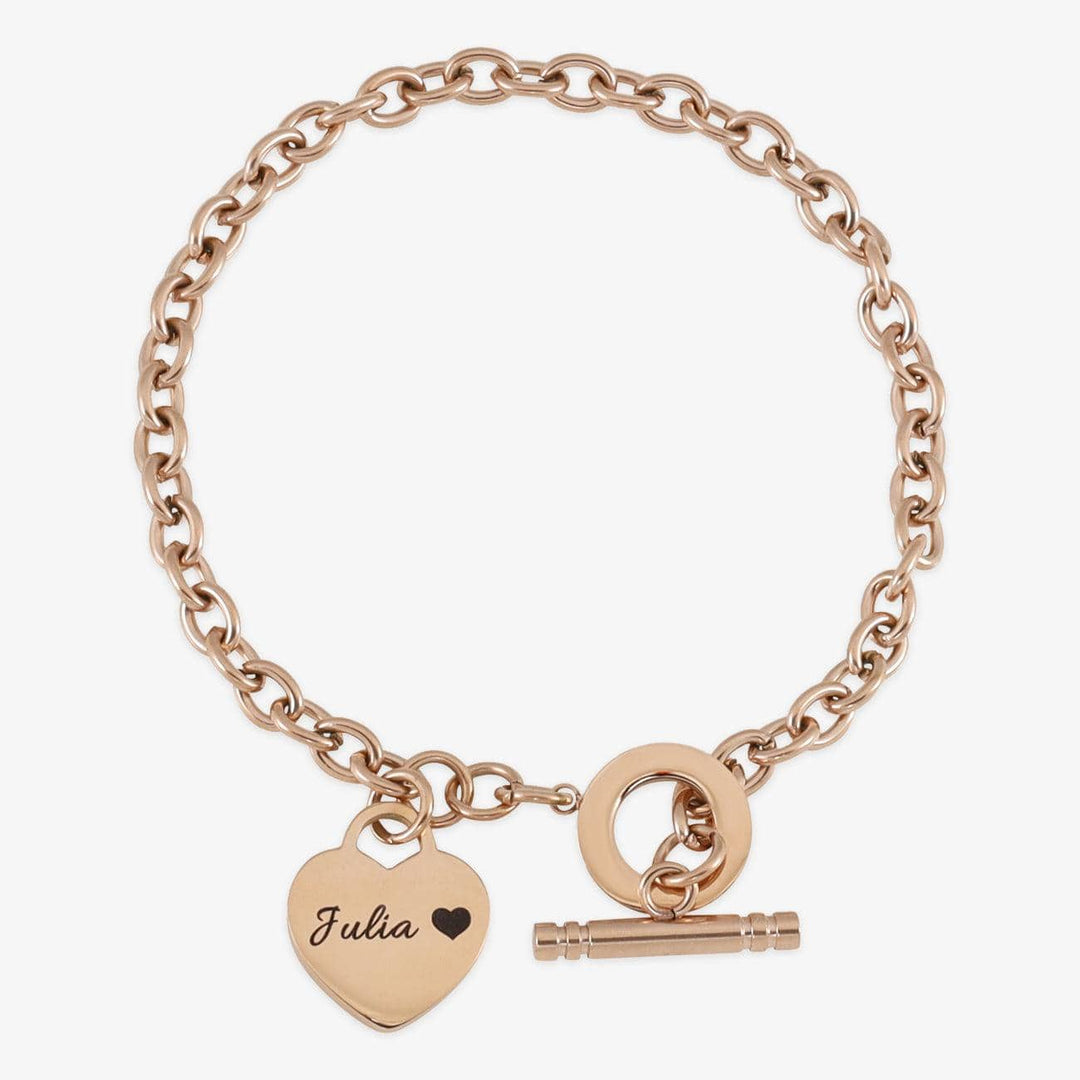 Rose gold heart-engraved chunky bracelet with the name 'Julia', featuring a sturdy stainless steel chain and elegant clasp.