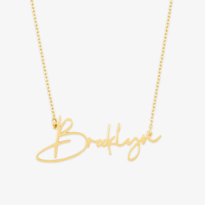 Brooklyn Style Name Necklace in gold with bold urban font showcasing the word 'Brooklyn', perfect for a personalized jewelry collection.