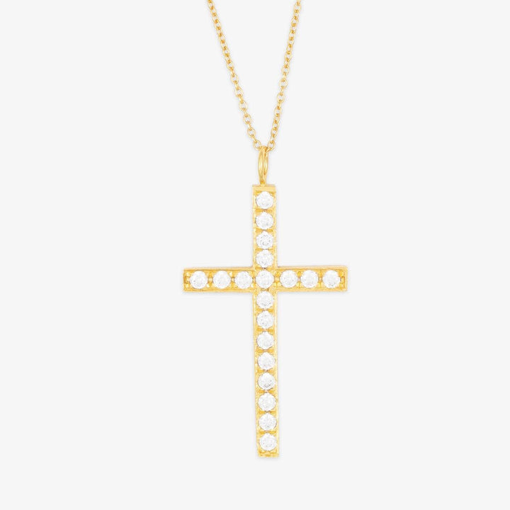 Gold crystal cross necklace with cubic zirconia stones on a gold chain - 925 sterling silver, symbol of faith and elegance.