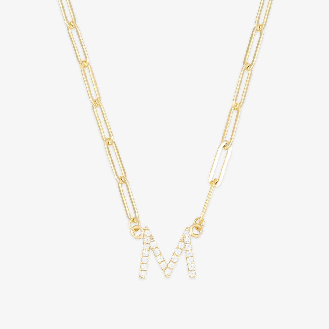 Crystal Linkchain Initial Necklace with sparkling letter M pendant in gold, customizable jewelry for personal statement and elegance