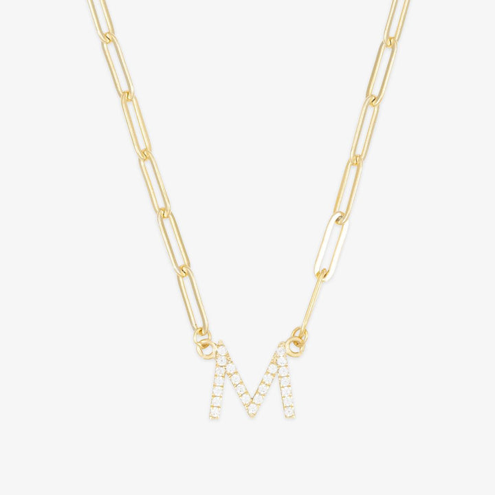 Crystal Linkchain Initial Necklace with sparkling letter M pendant in gold, customizable jewelry for personal statement and elegance