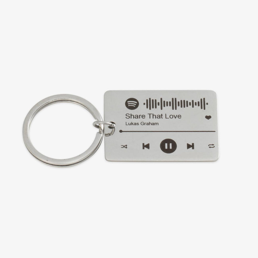 Custom Spotify Code Keychain with "Share That Love" by Lukas Graham engraved, featuring scannable Spotify code.