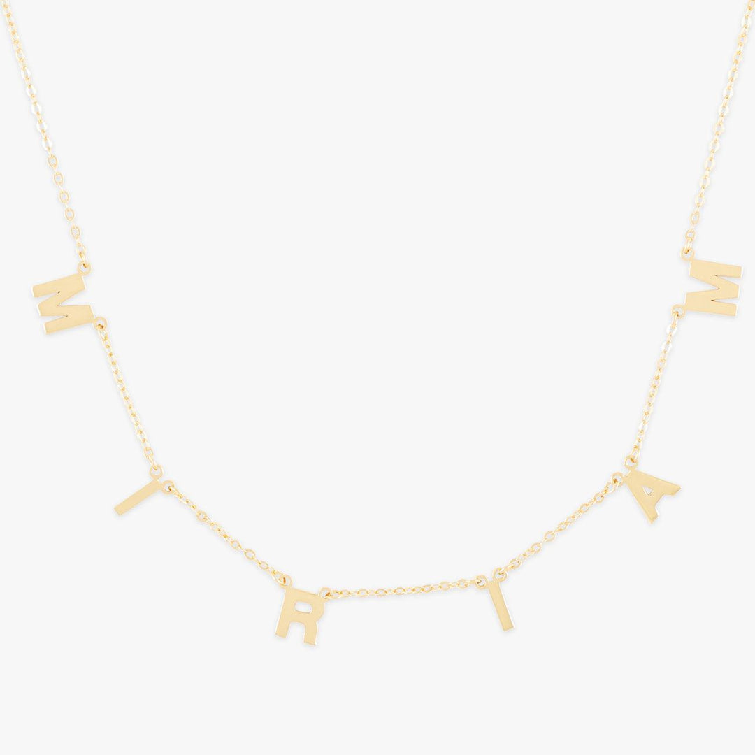 Elegant Block Letter Necklace in Gold featuring the name "Miriam" with adjustable chain.