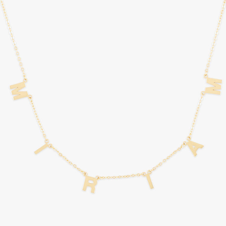 Elegant Block Letter Necklace in Gold featuring the name "Miriam" with adjustable chain.