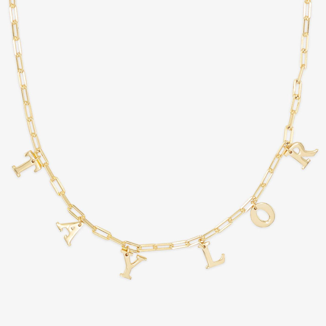 Elegant 18K gold-plated Linkchain Initial Necklace with customizable letters spelling 'Taylor' on a 925 Sterling Silver chain