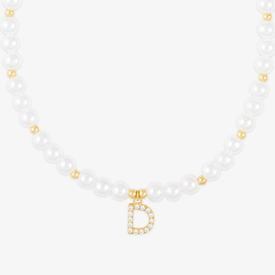 Elegant pearl necklace with zirconia-studded initial D in high-quality 925 sterling silver, customizable letter pendant jewelry.