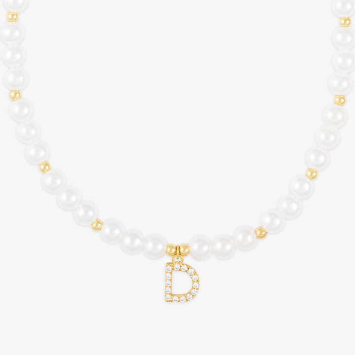 Elegant pearl necklace with zirconia-studded initial D in high-quality 925 sterling silver, customizable letter pendant jewelry.