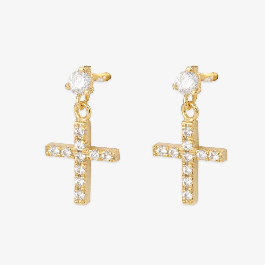 Elegant zirconia-encrusted cross earrings in 925 sterling silver with sparkling cubic zirconia stones, symbolizing faith and elegance.