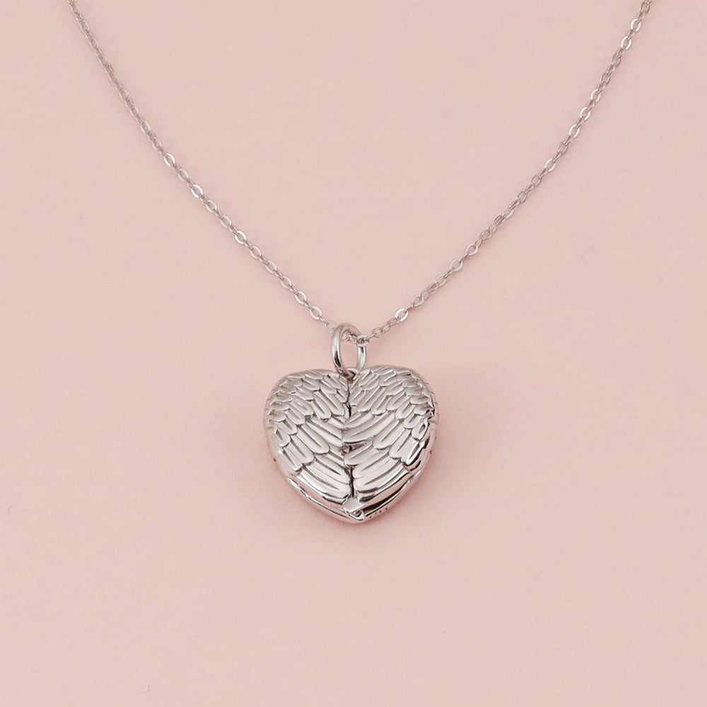 Personalized Angel Wing Heart Locket Necklace in 925 Sterling Silver with 45CM Chain for Custom Photos and Engraved Messages