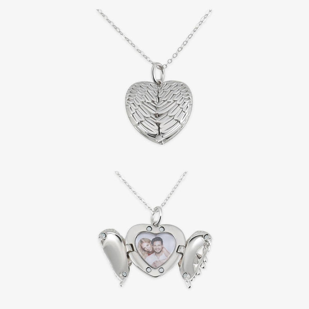 Personalized Angel Wing Heart Locket Necklace in sterling silver with customizable photo insert and engraved message option, chain length 45CM