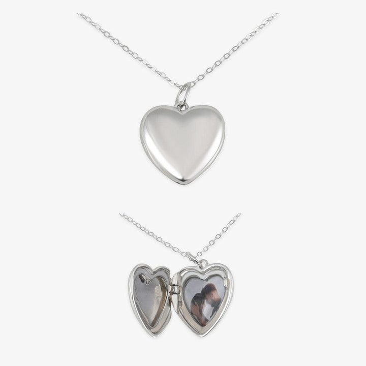 Personalized heart photo locket necklace in sterling silver, showing closed and open views with space for photo and engraving.