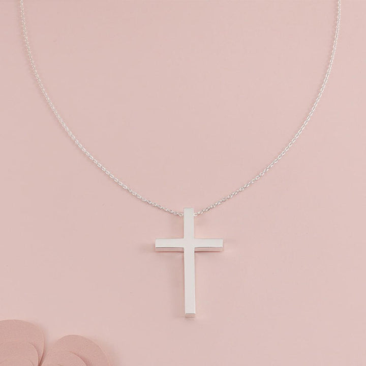 Personalized side-engraved cross necklace in 925 sterling silver, representing faith and connection.