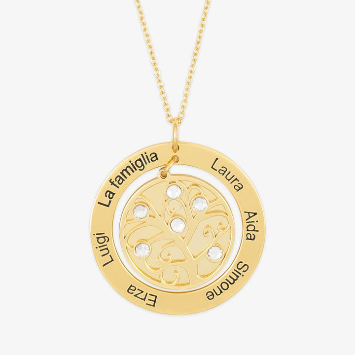 Personalized Tree of Life necklace with engravings and birthstones on a gold round medallion pendant on a chain