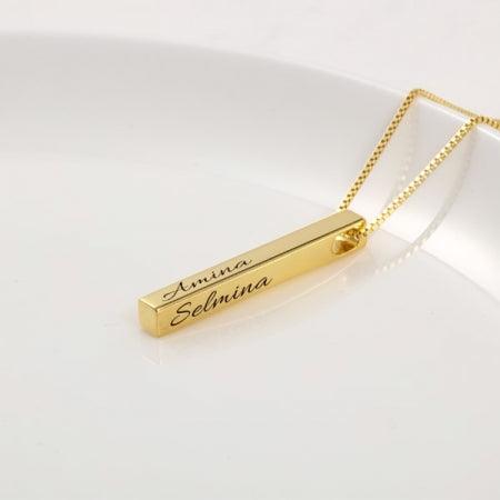 Gold Quad-Engrave Sterling Bar Necklace with Custom Engraving on White Background