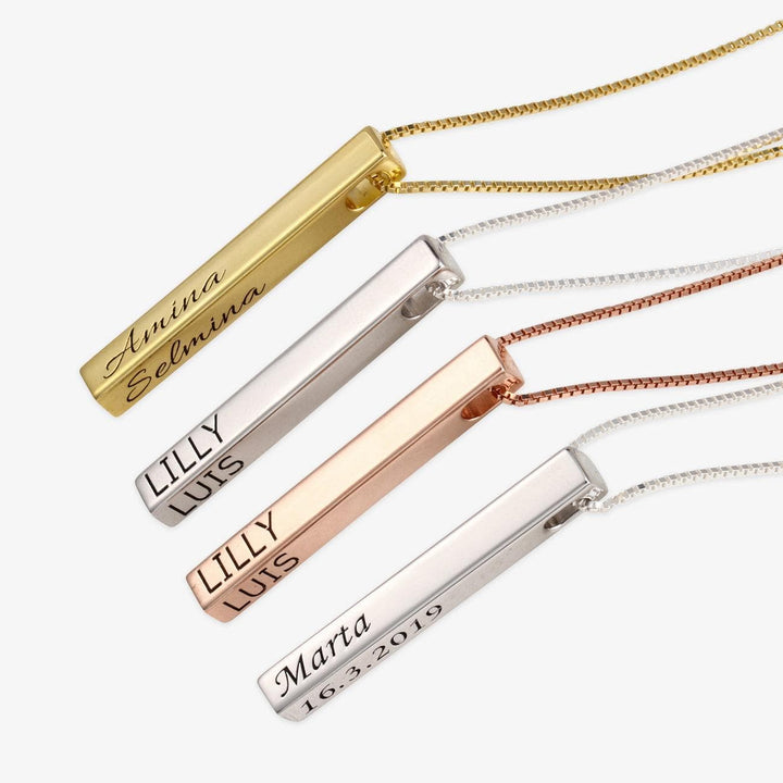 Quad-Engrave Sterling Bar Necklace in gold, silver, rose gold with personalized engravings