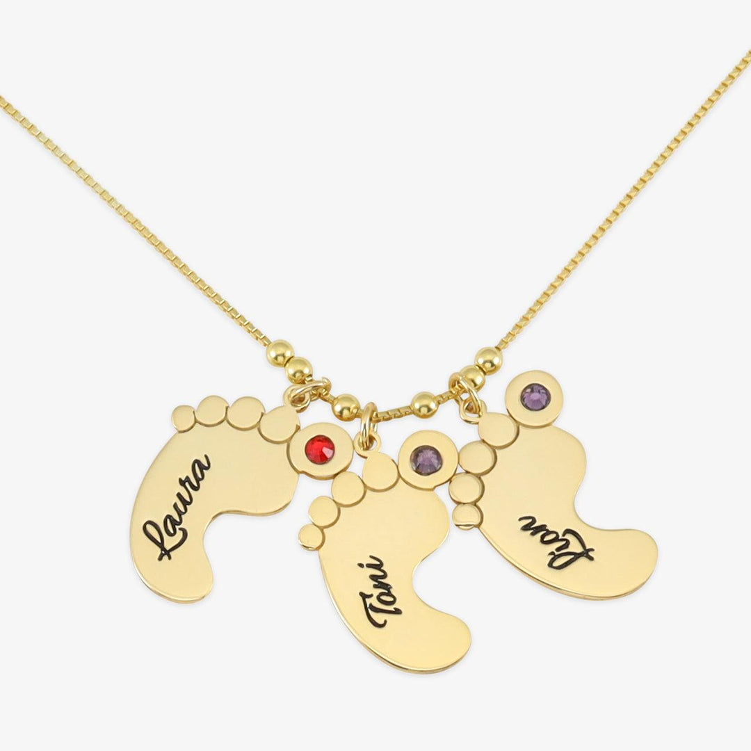 Triple Baby Footprints Pendant Necklace with Birthstones and Personalized Engravings