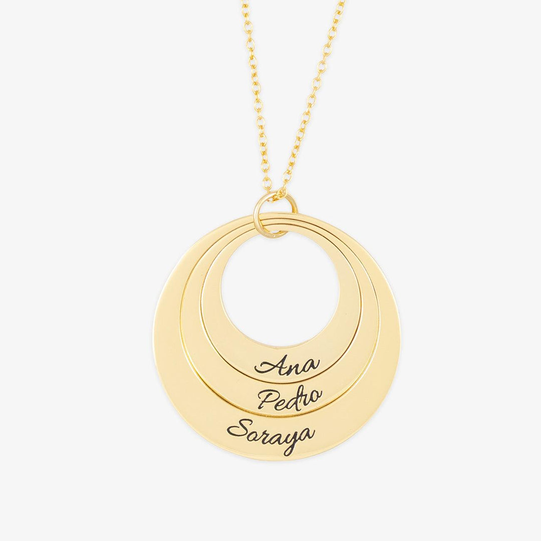 Triple ring engraved pendant necklace in gold with customizable names on each ring.