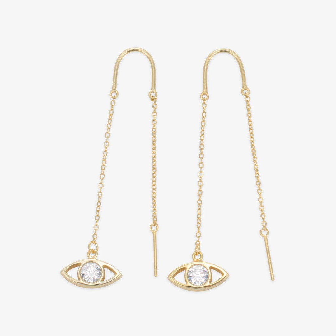 Gold Evil Eye earrings made from premium 925 Sterling Silver with a dangling chain design, featuring a mystical symbol of protection.