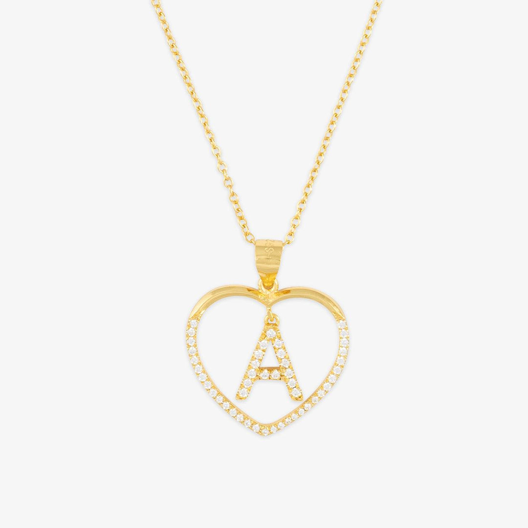 Gold heart letter pendant necklace with cubic zirconia crystals on a 925 sterling silver chain.