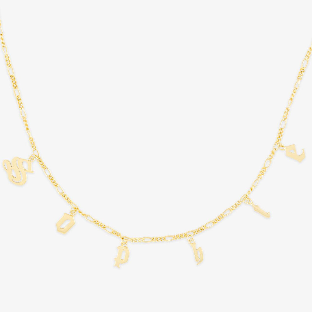 Gold Gothic Initial Figaro Chain Necklace with vintage style letters crafted in 18K plated sterling silver, elegant personal jewelry.