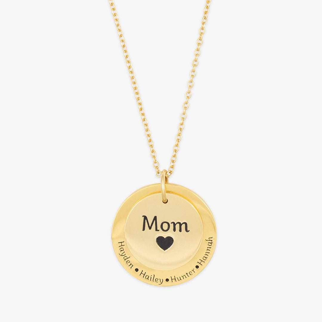 Heart-Centered Medallion Personalized Necklace with "Mom" and children's names engraving in gold finish, elegant locket design with black heart.