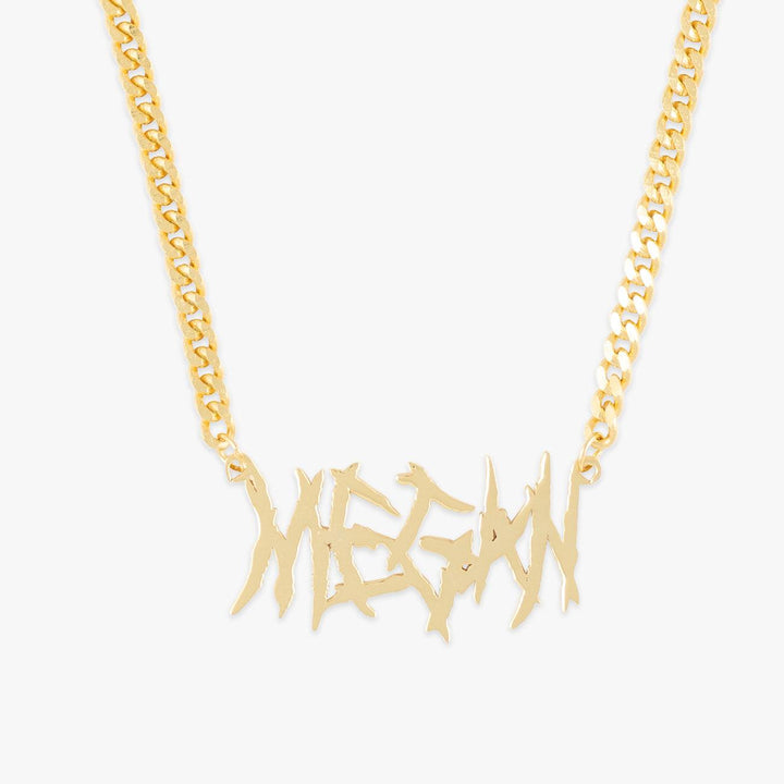 Gold Heavy Metal Name Necklace with "Megan" Pendant and Curb Chain - 925 Sterling Silver, 18K Gold Plated