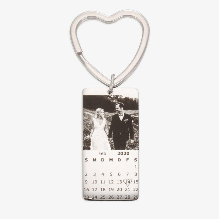 Personalized calendar photo keychain with engraved wedding date and couple's photo