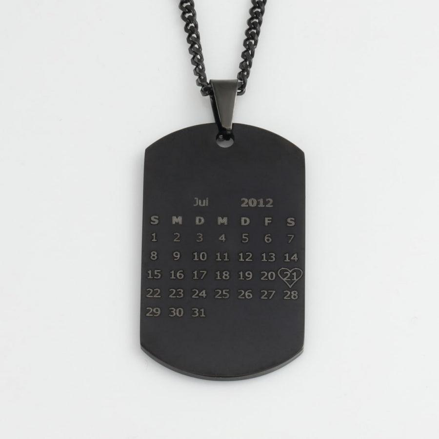 Men's black personalized photo necklace with custom calendar pendant, high-quality stainless steel, unique jewelry gift.