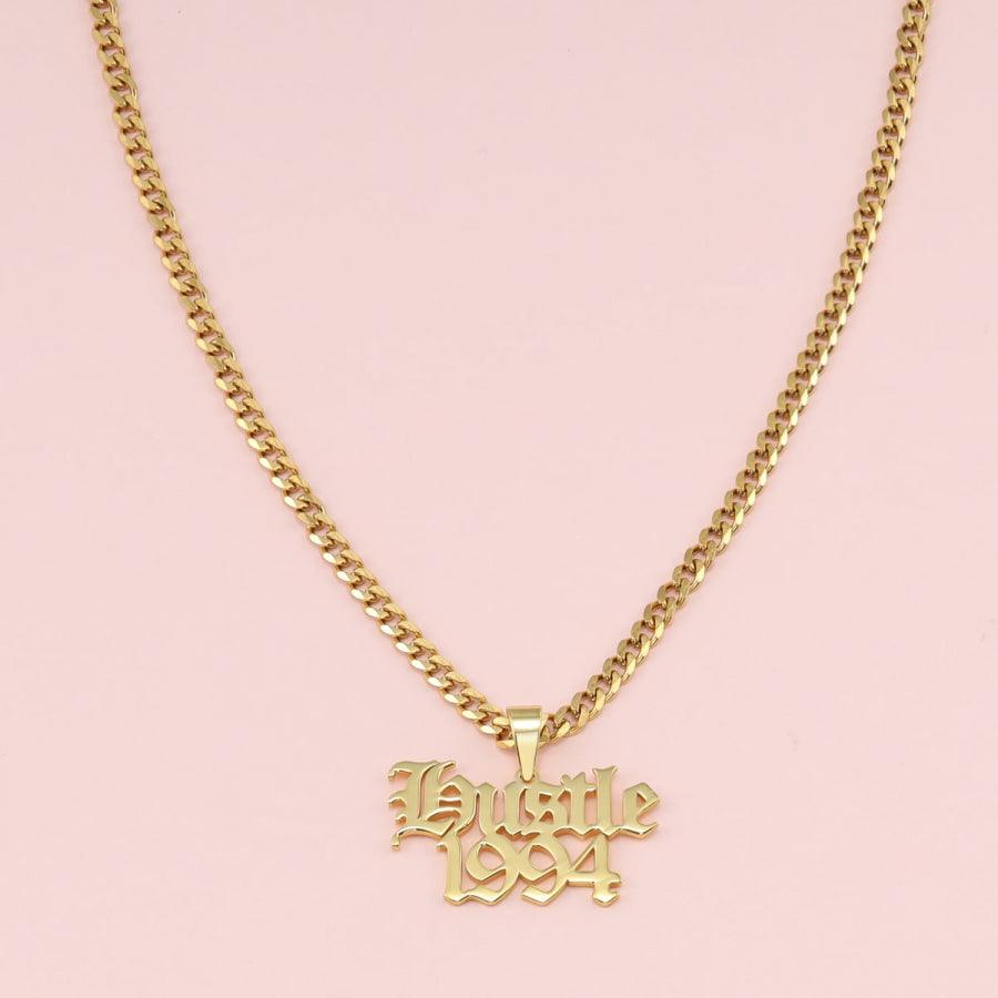 Men's streetwear style custom name necklace with gold chain and "Hustle 1994" pendant