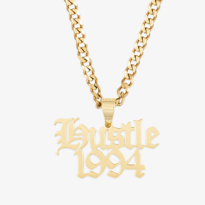 Men's Streetwear Style Custom Name Necklace with 'Hustle 1994' in gold letters on a link chain