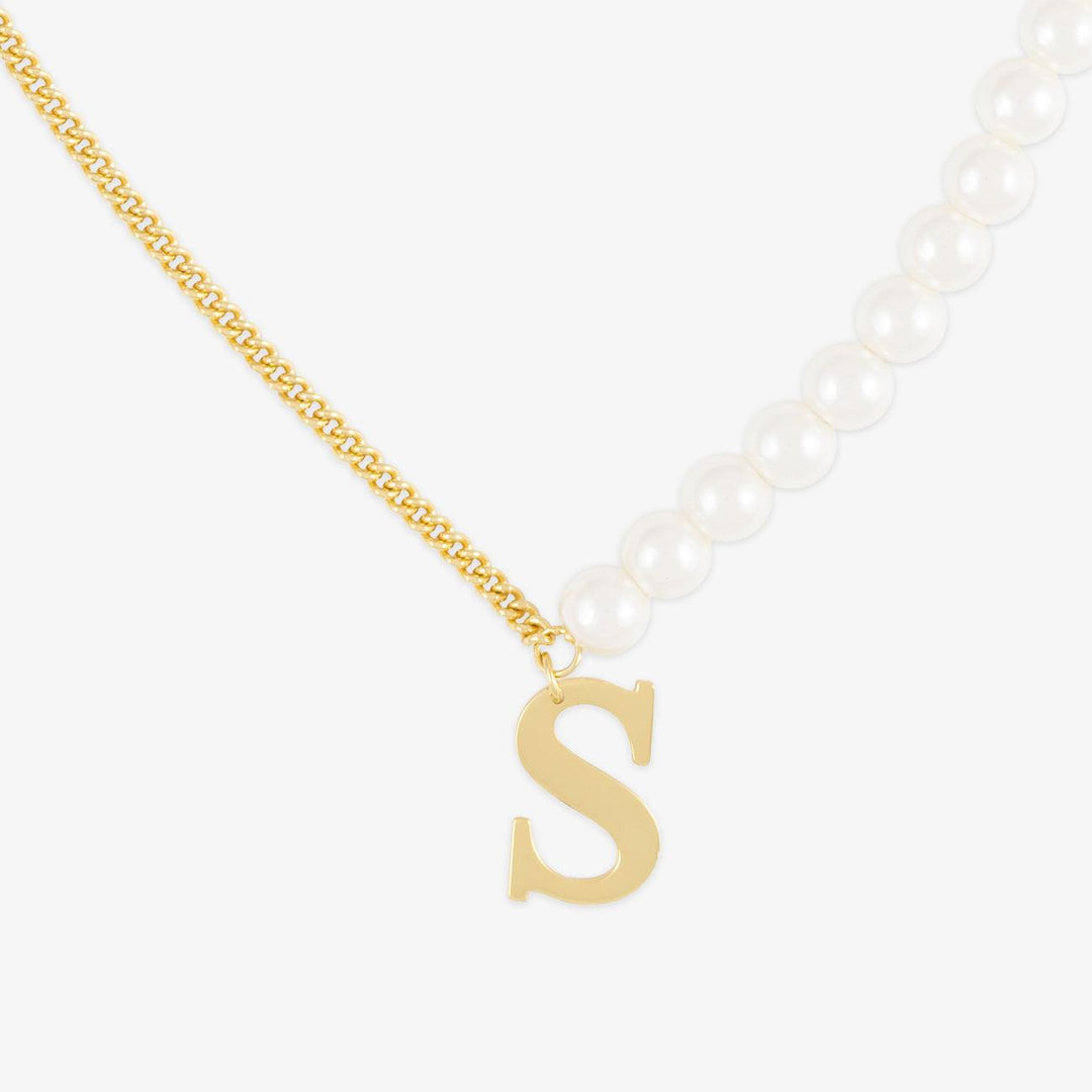 Gold and pearl mixed chain letter necklace with customizable initial.