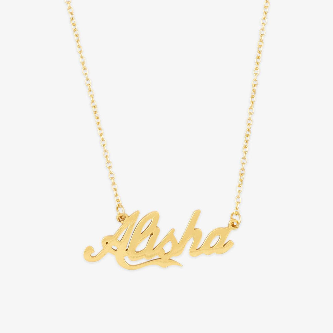 Bold cursive name necklace in gold calligraphy, showcasing the name "Alisha" with timeless elegance and standout design