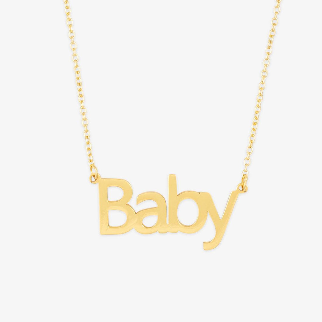 14K gold customizable name necklace with "Baby" in block script.